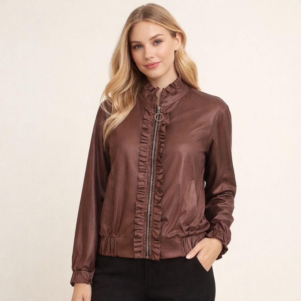 Jeff Gallano Paris Brown Ruffle Zip Jacket Y2K Made in France Size 1 Size Medium